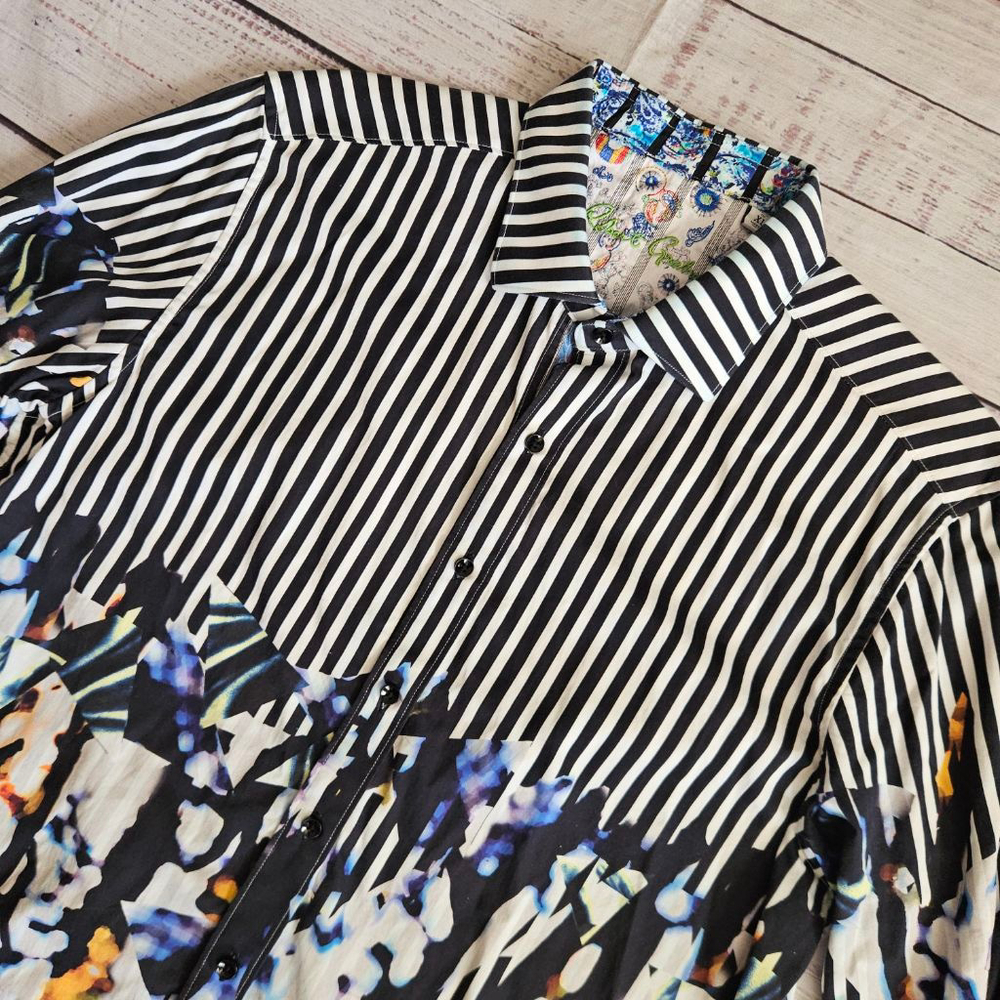 Robert Graham Cayman Island Black White Striped Multicolor Abstract Dipped Shirt